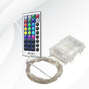 May include: A remote control and battery pack for LED string lights. The remote has colour options and settings like fade and chase. The clear battery pack has instructions. The string lights are silver. The remote is labelled RS-06-1.