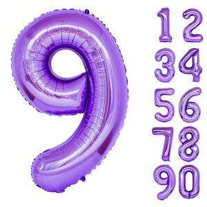 May include: Purple foil number balloons, 1 through 9 and 0, for a birthday party or other celebration.