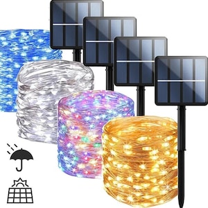 May include: Solar-powered string lights in blue, white, purple, and gold. Each light set is coiled and paired with a solar panel on a black stake. The image also includes a graphic of a sun and an umbrella.