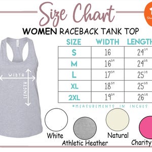 The image is a size chart for a women's raceback tank top, providing measurements for different sizes and corresponding colors.