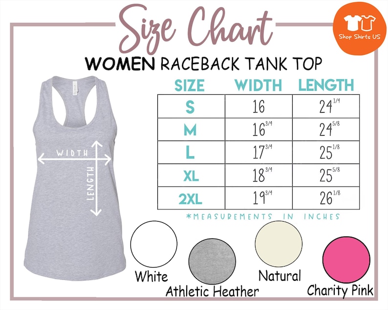 The image is a size chart for a women's raceback tank top, providing measurements for different sizes and corresponding colors.
