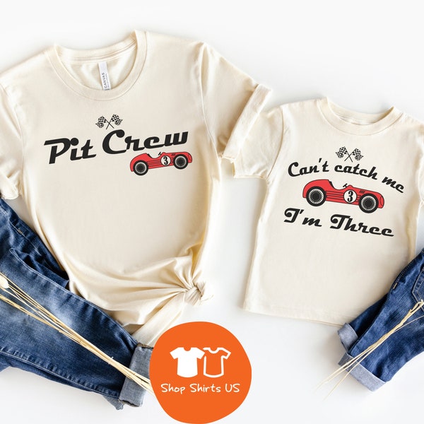 Chemises de voiture de course 3e anniversaire, chemise Pit Crew, chemise garçon 3e anniversaire, maman et moi, t-shirts d'anniversaire de famille assortis, ne peux pas m'attraper, je suis trois