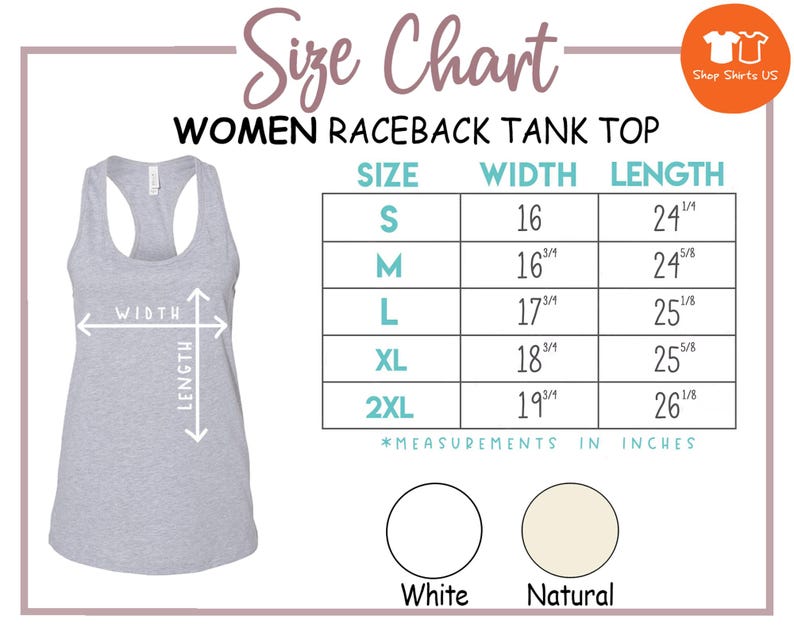 The image is a size chart for a women's raceback tank top, providing measurements for different sizes such as S, M, L, XL, and 2XL. The chart includes a gray tank top and two color swatches labeled as White and Natural.