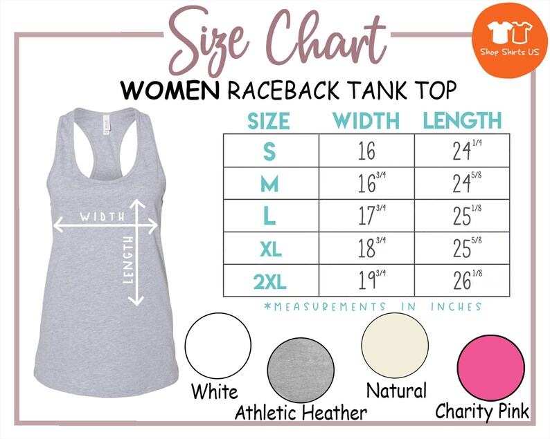 The image is a size chart for a women's raceback tank top, providing measurements for different sizes and corresponding colors.