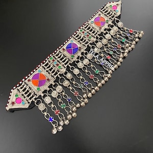 Afghan Vintage Ethnic Boho Choker Multicolor Necklace, Vintage Choker Glass Stones Necklace, Handmade Jewelry, Statement Vintage Kuchi Choke