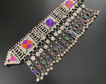 Afghan Vintage Ethnic Boho Choker Multicolor Necklace, Vintage Choker Glass Stones Necklace, Handmade Jewelry, Statement Vintage Kuchi Choke