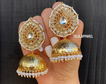 Indian/Pakistani kundun jhumki Earrings | kundan Earrings Oversized Jhumki / Jhumka Earrings long gold indian jhumka earrings indian earring