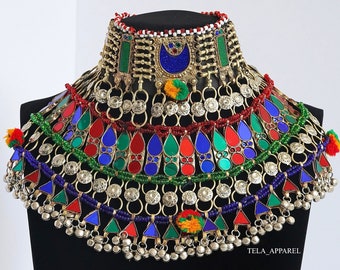 Afghan Vintage Ethnic Boho Choker Multicolor Necklace, Vintage Choker Glass Stones Necklace, Handmade Jewelry, Afghani Vintage Kuchi Choker