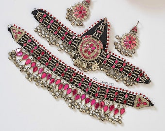Pink Afghan 3 piece vintage jewellery set, Afghan jewellery Vintage Kuchi Choker Necklace, afghan Kuchi Jewelry, Afghan Jewelry