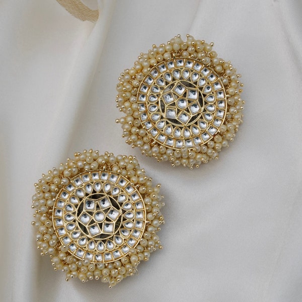 Pearl Kundan Earrings, Oversized Studs, Antique Statement Jewelry, Indian Handmade Earrings