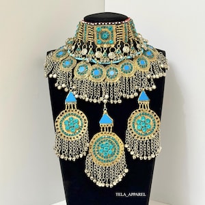Turqouise Afghan Jewellery set 3 piece afghani jewelry set Firoza Afghan jewelry set Vintage Kuchi earring  headpiece Jewelry Afghan Jewelry