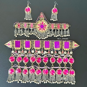 Pink Afghan 3 piece vintage jewellery set, Afghan jewellery Vintage Kuchi Choker Necklace, afghan Kuchi Jewelry, Afghan Jewelry