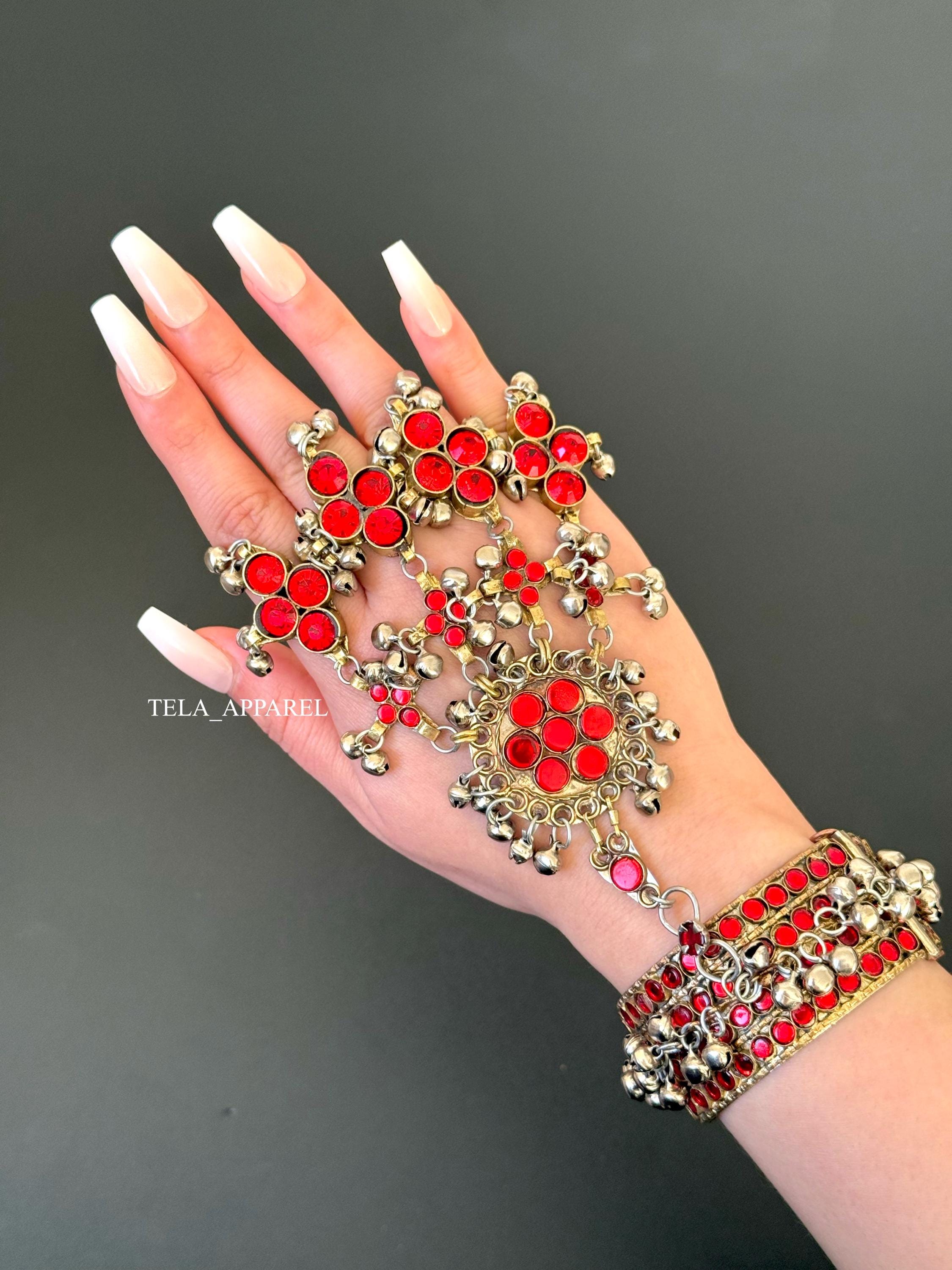 Red Afghan Bangle Cuff full handpiece Afghan Bracelet With finger Rings Afghan Jewellery Afghan Jewelry afghani jewelry Afghan Handpiece