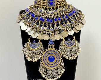 Blauwe Afghaanse volledige sieraden set Afghaanse sieraden set Afghaanse choker ketting zendspoel oorbellen Kuchi sieraden Afghaanse sieraden set Afghaanse oorbel