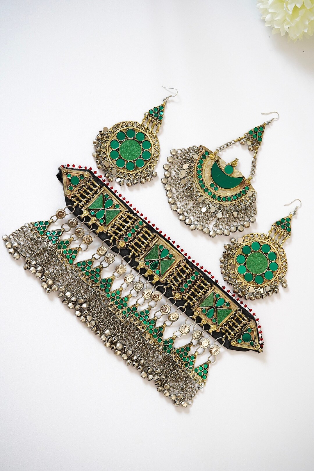 Light Blue Gemstone Afghani Jewelry Set for Women – Silver Necklace & Earrings