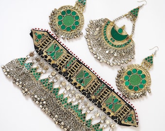 Conjunto completo de joias afegãs verdes, conjunto de joias afegãs com colar choker afegão, tiara mathapatti, brincos, joias Kuchi, conjunto de joias afegãs