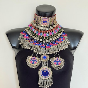 Afghan 3 piece vintage jewellery set Pink Afghan jewellery set Afghani jewelry Choker earrings headpiece Kuchi Jewelry Afghan Jewelry set