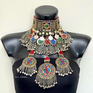 Afghan 3 piece vintage jewellery set, Afghan jewellery Vintage Kuchi Choker Necklace, earrings, headpiece Kuchi Jewelry, Afghan Jewelry
