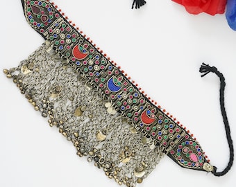 Afghan Vintage Ethnic Boho Choker Multicolor Necklace, Vintage Choker Glass Stones Necklace, Handmade Jewelry, Afghani Vintage Kuchi Choker