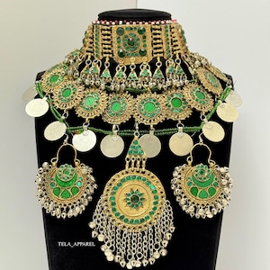 Green Afghan full jewellery set, Afghani Jewelry set Afghan Choker Necklace, headpiece mathapatti earrings Kuchi Jewelry, afghan jewelry set