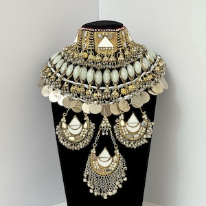 White Afghan jewellery set Afghan 3 piece jewelry set Afghani jewelry Choker earrings headpiece Kuchi Jewelry Afghan Jewelry full set