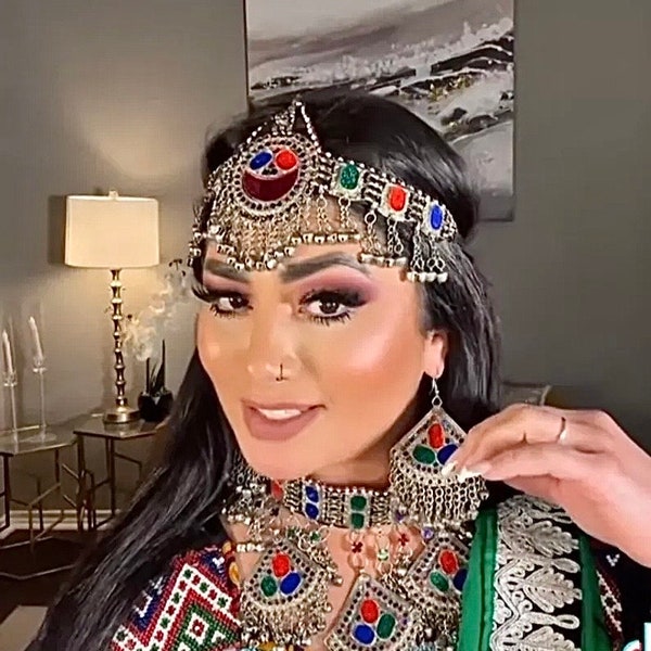 Afghan 3 piece vintage jewellery set, Afghan jewellery Vintage Kuchi Choker Necklace, earrings, headpiece Kuchi Jewelry, Afghan Jewelry