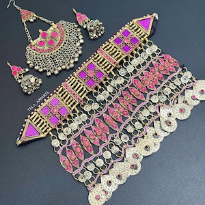 Pink/purple Afghan full jewellery set, Afghani Jewelry set Afghan Choker Necklace, tikka earrings Kuchi Jewelry, afghan jewelry set