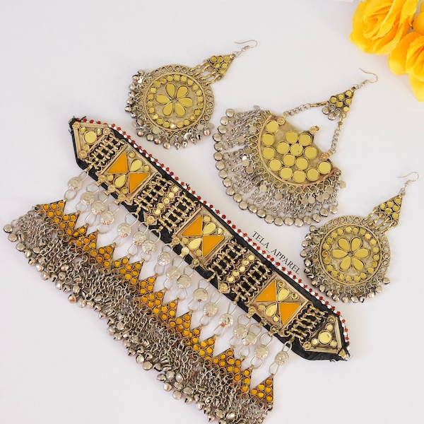 Vintage Afghaanse sieraden set Afghaanse tribale zendspoel oorbellen Handgemaakte boho set antieke Afghaanse sieraden kuchi sieraden Etnische Afghaanse