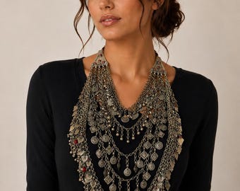 Afghan Multilayers Massive Silver Kuchi Necklace Handmade Bib Necklace With Dangling Tassels Kuchi Necklace Afghani Jewelry Afghan Jewelry