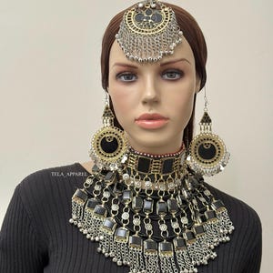 Black Afghan 3 piece vintage jewellery set Afghan jewellery Vintage Kuchi Choker Necklace earrings headpiece Kuchi Jewelry Afghan Jewelry