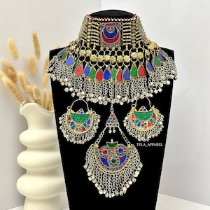 Afghan 3 piece vintage jewellery set Afghan jewellery Vintage Kuchi Choker Necklace earrings headpiece Kuchi Jewelry Afghan Jewelry set