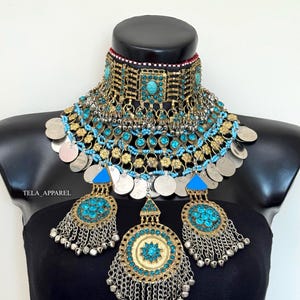 Firuza/Turqouise Afghan Jewellery set 3 piece afghani jewelry set Afghan jewellery Vintage Kuchi earring  headpiece Jewelry Afghan Jewelry