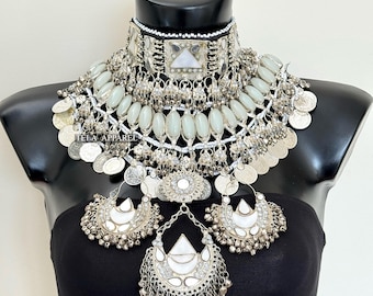 White afghan Jewelry bridal choker set Afghan White Jewellery full set Afghani Jewellery 3 piece Set Afghan white Choker Set
