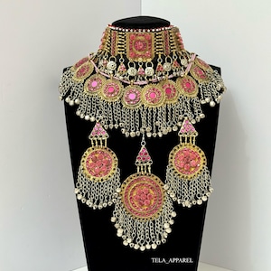 Pink Afghan 3 piece Vintage Afghan jewellery set Afghan jewelry set Vintage Kuchi Choker Necklace afghan Kuchi Jewelry Afghan Tribal jewelry