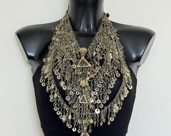 Afghan Multilayers Massive Silver Kuchi Necklace Handmade Bib Necklace With Dangling Tassels Kuchi Necklace Afghani Jewelry Afghan Jewelry