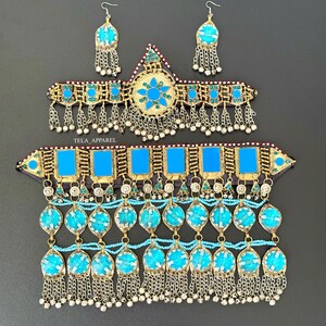 Turqouise Afghan Jewellery set 3 piece afghani jewelry set Firoza Afghan jewelry set Vintage Kuchi earring  headpiece Jewelry Afghan Jewelry