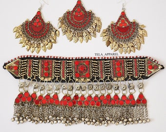 Afghan Red full jewellery set, Afghani Jewelry set Afghan Choker Necklace, headpiece mathapatti earrings Kuchi Jewelry, afghan jewelry full