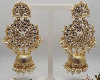 Indian/Pakistani kundun jhumki Earrings | kundan Earrings Oversized Jhumki / Jhumka Earrings long gold indian jhumka earrings indian earring