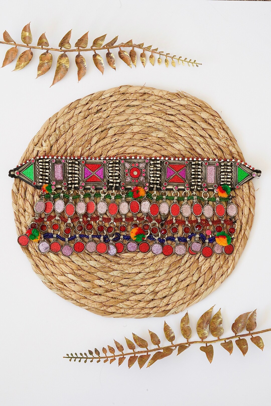 Afghan Vintage Ethnic Choker Multicolor Necklace, Afghan Choker Jewelry