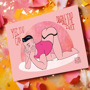 Double Tap | Gay valentines card, gay art postcard