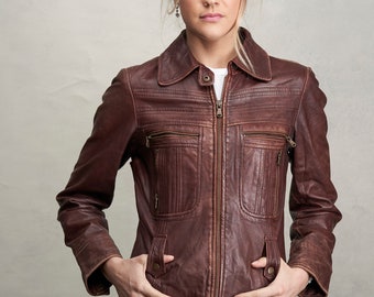 brown leather jacket guess