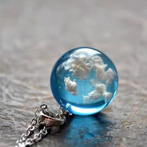 Earth Chic Silver Necklace with Embellished box , Resin Pendant Necklace Blue Sky with White Cloud, Christmas Gift.