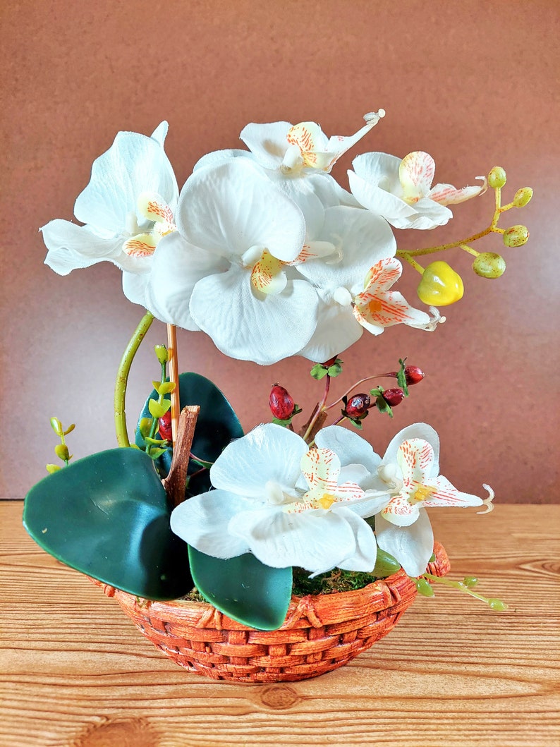 8 Silk Butterfly Orchid. Orchid Bonsai In Boat Design Ceramic Pots, Available in 3 colors: Light Beauty, Green and White. White Orchid