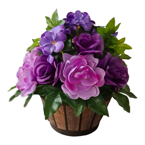 10” Roses and Violets Artificial Arrangement in Plastic Whiskey Barrel Shaped Planter, Silk Arrangement, Home decoration.