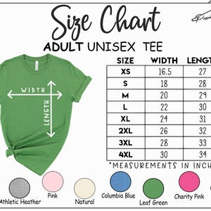The image is a size chart for an adult unisex t-shirt, showing the measurements for different sizes in inches.