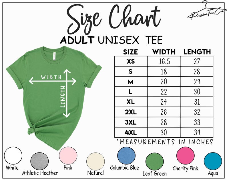 The image is a size chart for an adult unisex t-shirt, showing the measurements for different sizes in inches.