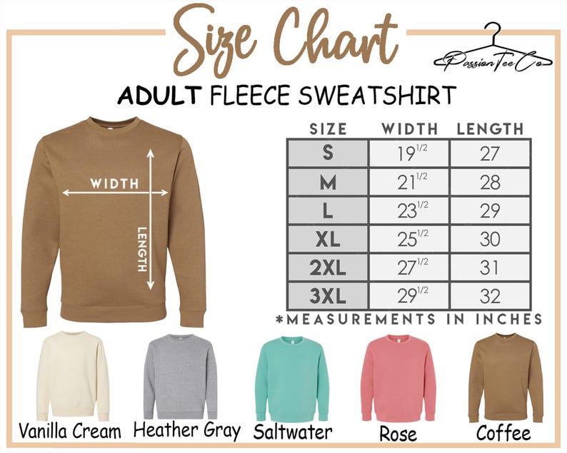 Peut inclure: Un tableau des tailles pour les sweat-shirts en polaire pour adultes. Le tableau indique les mesures en pouces pour les tailles S &agrave; 3XL. L'image affiche &eacute;galement un sweat-shirt marron avec des indicateurs de largeur et de longueur, et des exemples de couleurs.