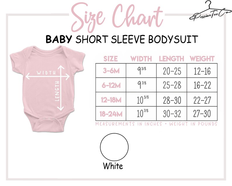 Op de afbeelding: Maattabel voor baby's met korte mouwen. De tabel toont maten van 3-6 maanden tot 18-24 maanden, met de bijbehorende breedte-, lengte- en gewichtsmaten in inches en ponden. De tabel bevat ook een roze romper met ge&euml;tiketteerde maten.