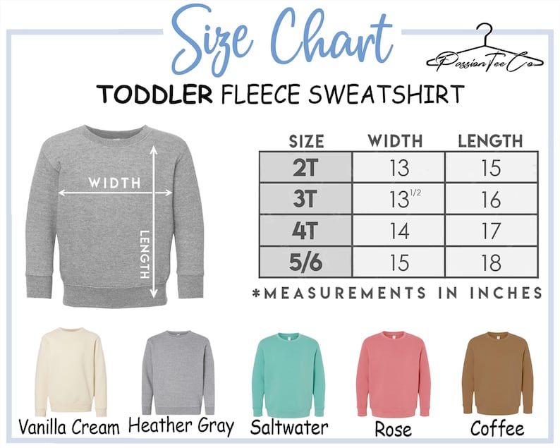 Peut inclure: Tableau des tailles pour les sweat-shirts en polaire pour tout-petits. Le tableau indique les mesures en pouces pour les tailles 2T, 3T, 4T et 5/6. L'image affiche &eacute;galement un sweat-shirt gris avec des indicateurs de largeur et de longueur.