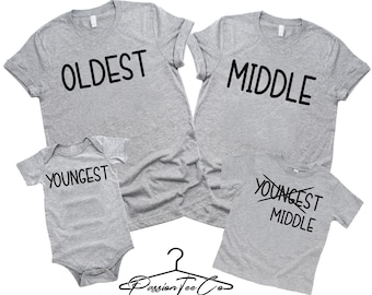 Conjunto de 4 camisetas para hermanos, camisetas a juego para hermanos, el mayor, el mediano y el pequeño, anuncio de embarazo del cuarto bebé, camisetas para anunciar el cuarto bebé.